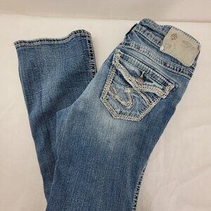 Silver Jeans Womens 26X31 Blue Bootcut Suki Flap 17" Low Rise Distressed Denim